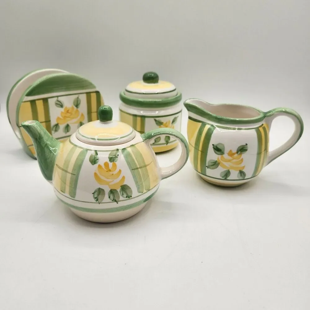 Royal Norfolk Tea Set 4 Pc Green Yellow Rose Tea Pot Sugar Creamer Napkin Holder